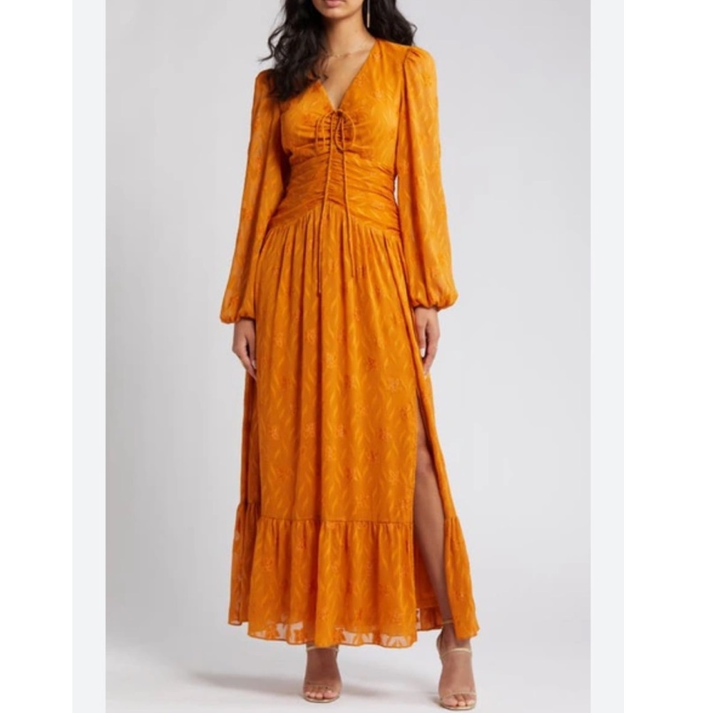 Floret Studios Floral Ruched Long Sleeve Plissé Midi Dress